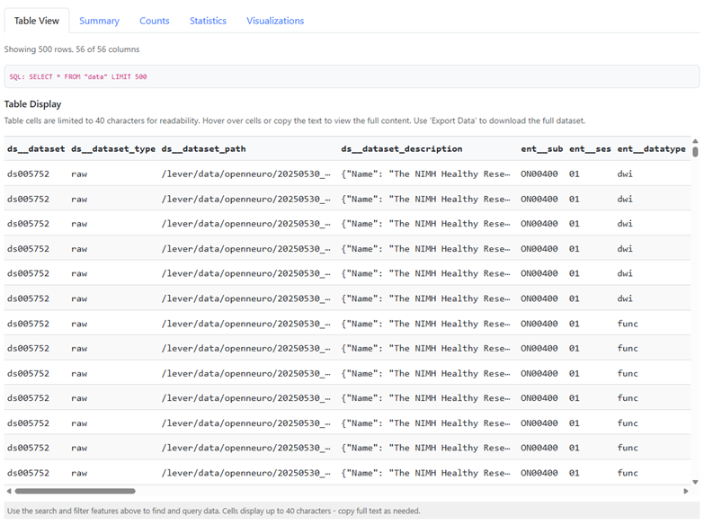 SQLite Browser showing the data table from a bids2table-generated db.sqlite file, with sample rows and columns visible in the Table View